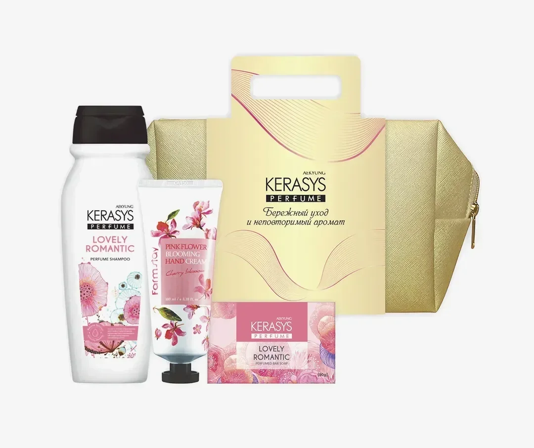 Подарочный набор Kerasys Lovely в косметичке шампунь 200 мл + крем для рук + мыло